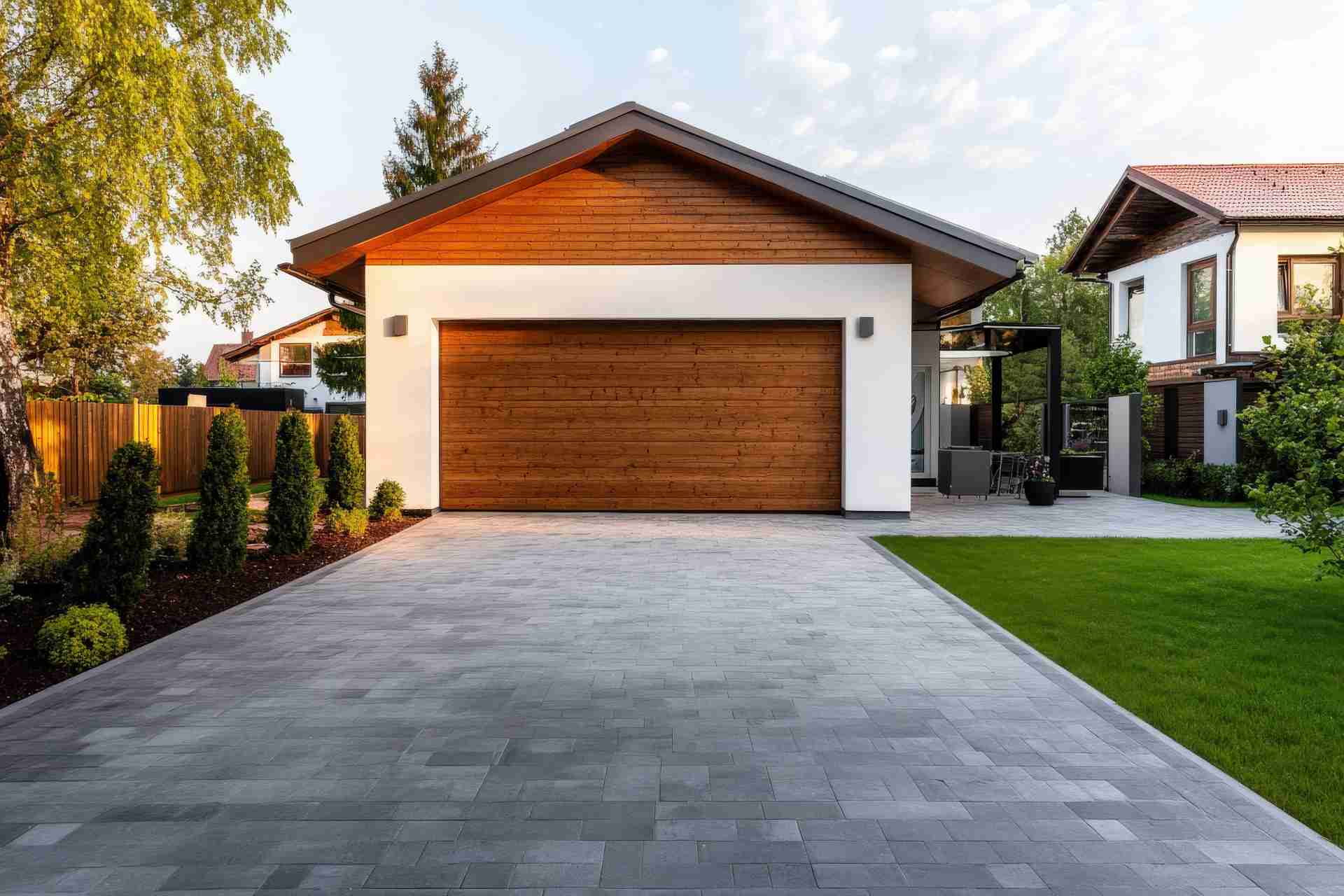 modern suburban house with wooden garage and neatly landscaped front yard at sunset
