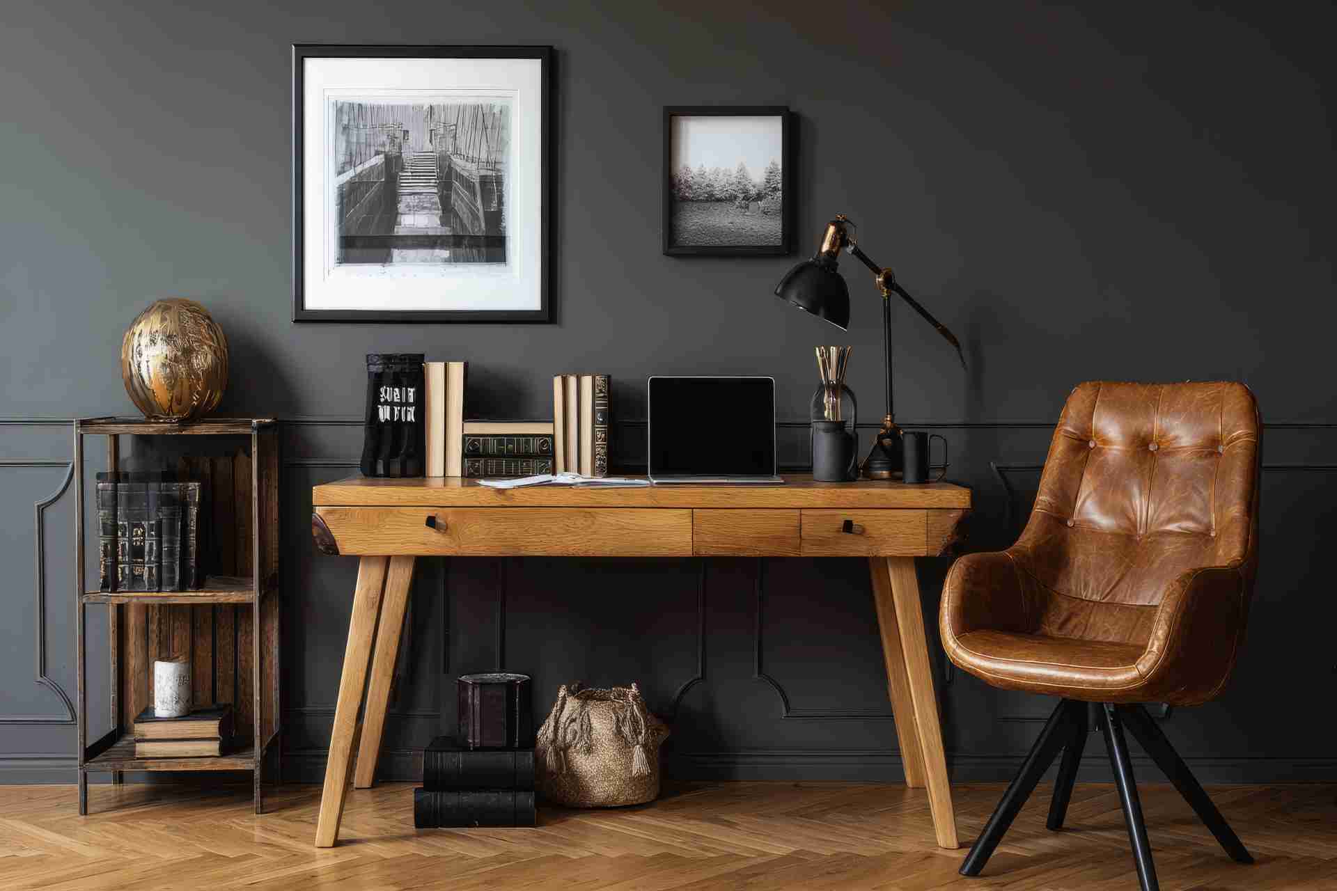 contemporary home office with black mock up poster frame, leather chair, wood desk, laptop, books, chic organizer, stylish personal touches