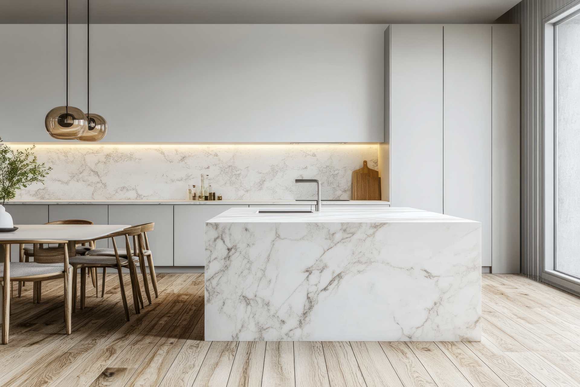 Modern white kitchen with marble island, minimalist cabinets, and warm wood flooring.