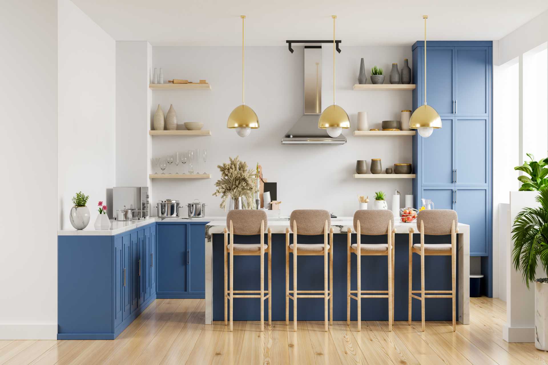 modern kitchen interior with furniture.stylish kitchen interior with white wall.