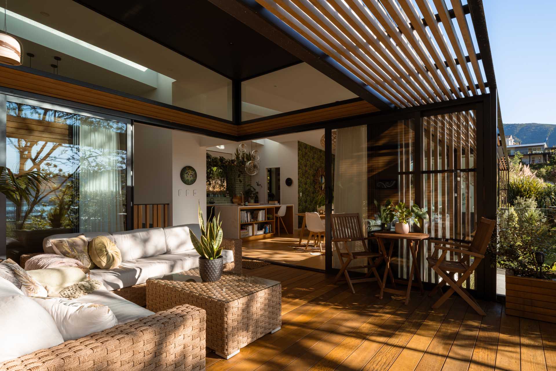 outdoor living space with timber pergola