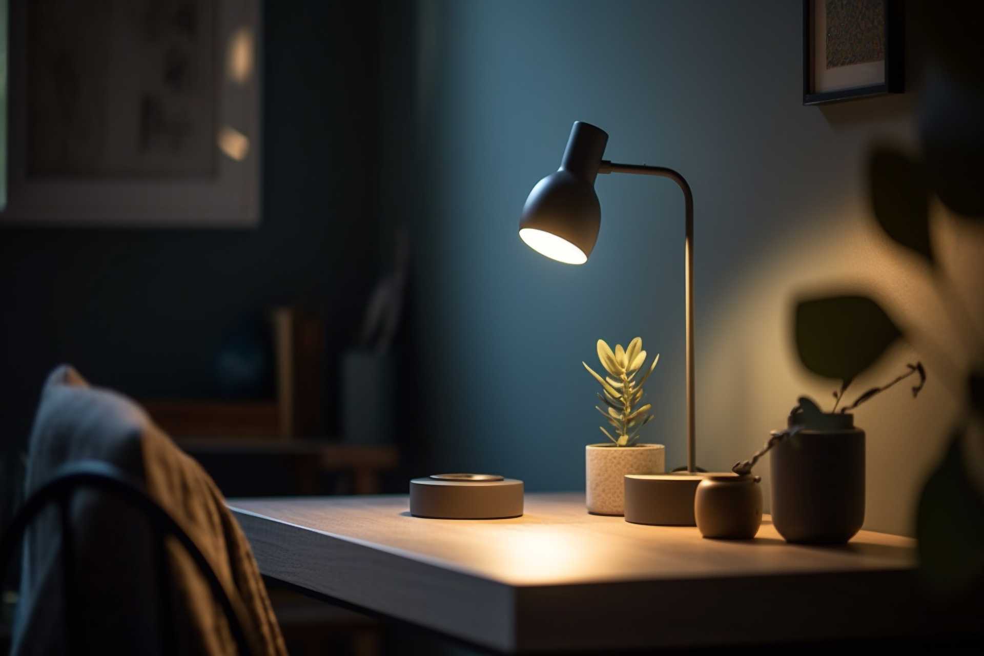 minimal desk with warm lighting