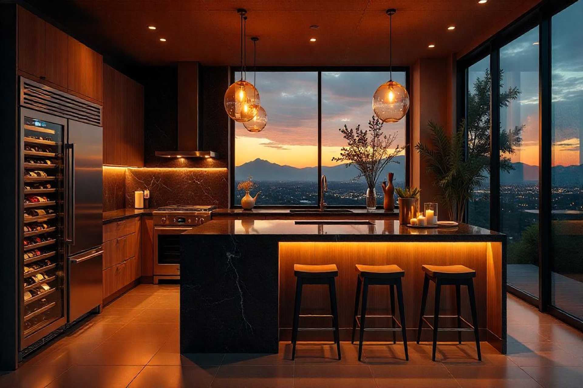 modern kitchen at sunset