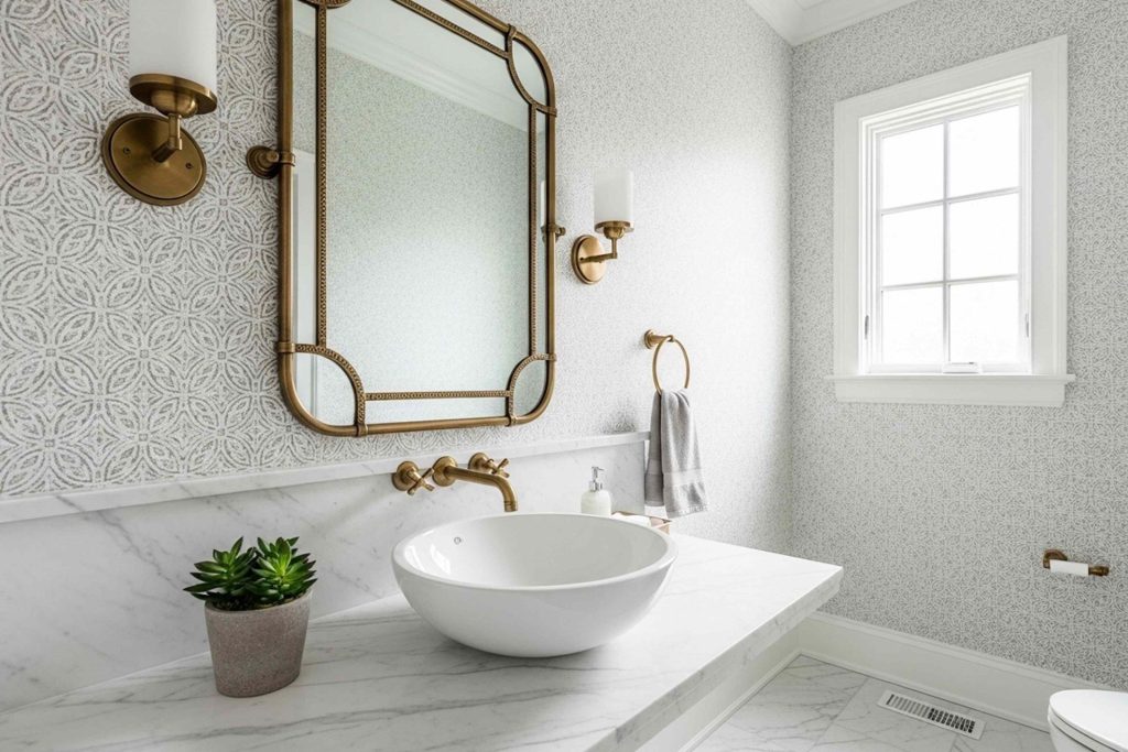 Bathroom with gray design wall paper