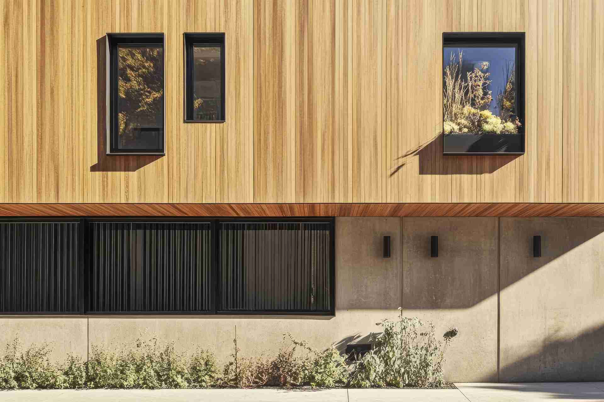 modern wood clad facade with box windows