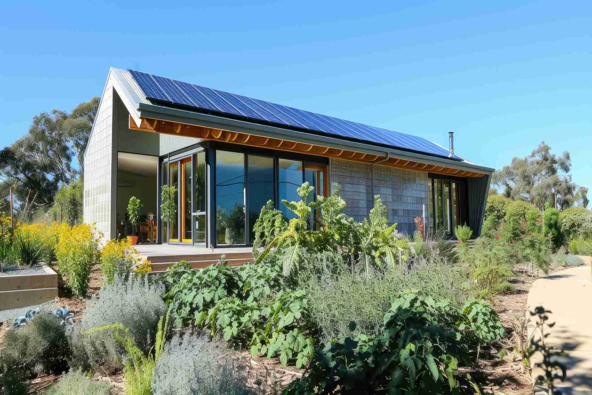 Modern house with large windows and rooftop solar panels surrounded by lush landscaping and a clear blue sky