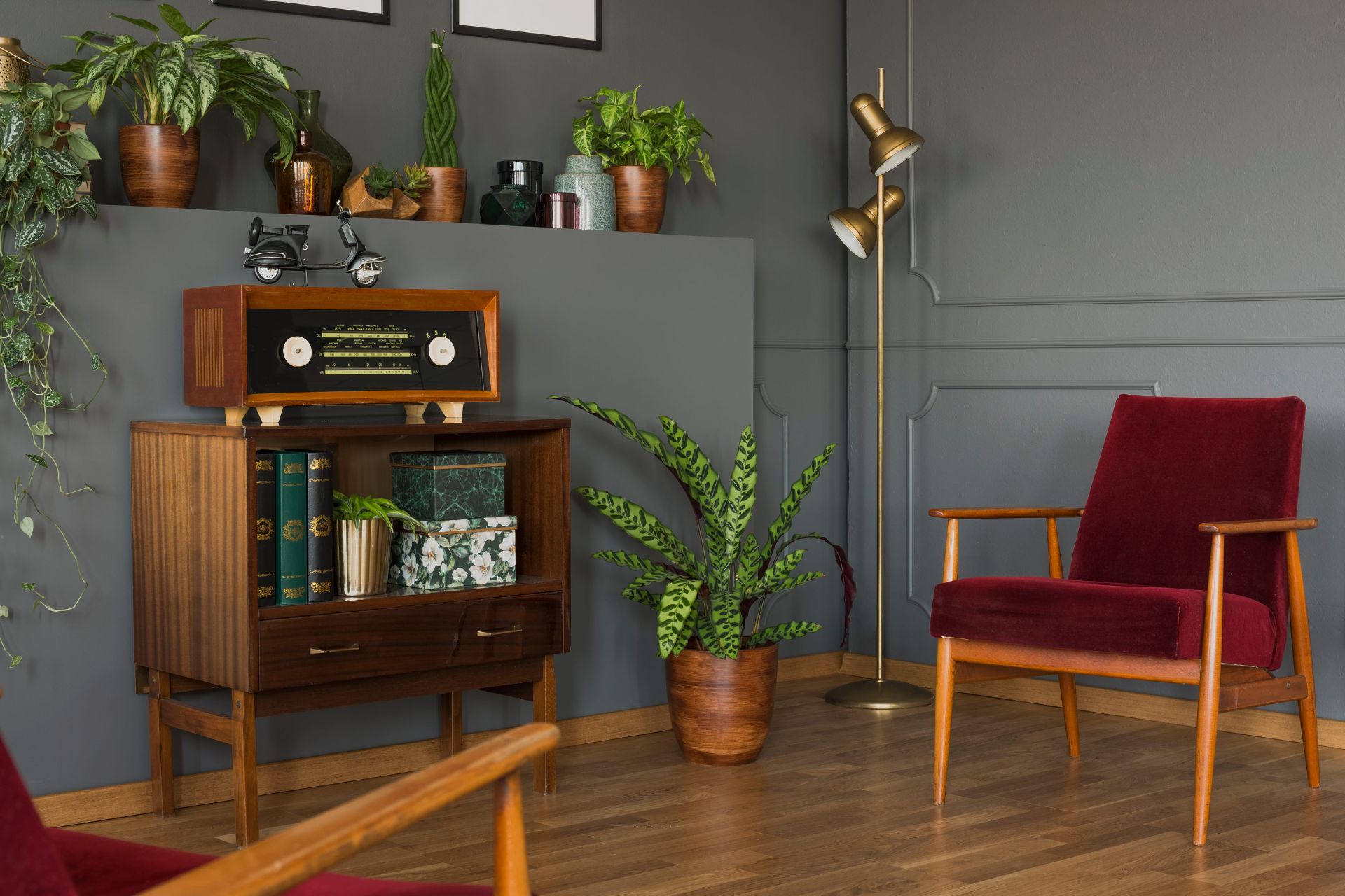 Antique appliances and furniture display on a living room