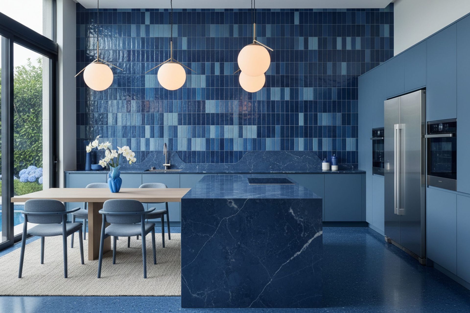 Blue textured splashback tiles as an accent in a living room