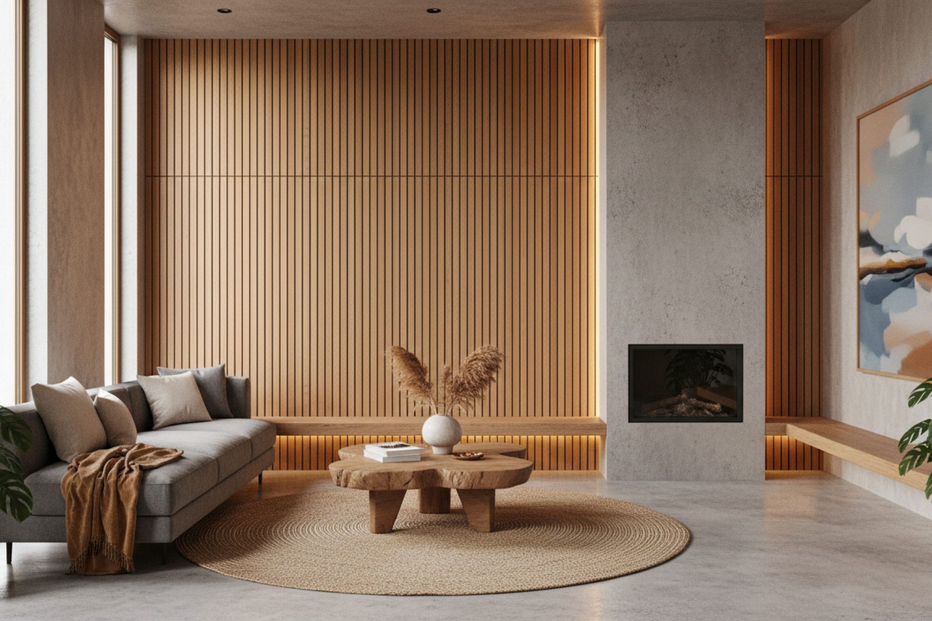 A living room with earth tone color design and a wall panel accent