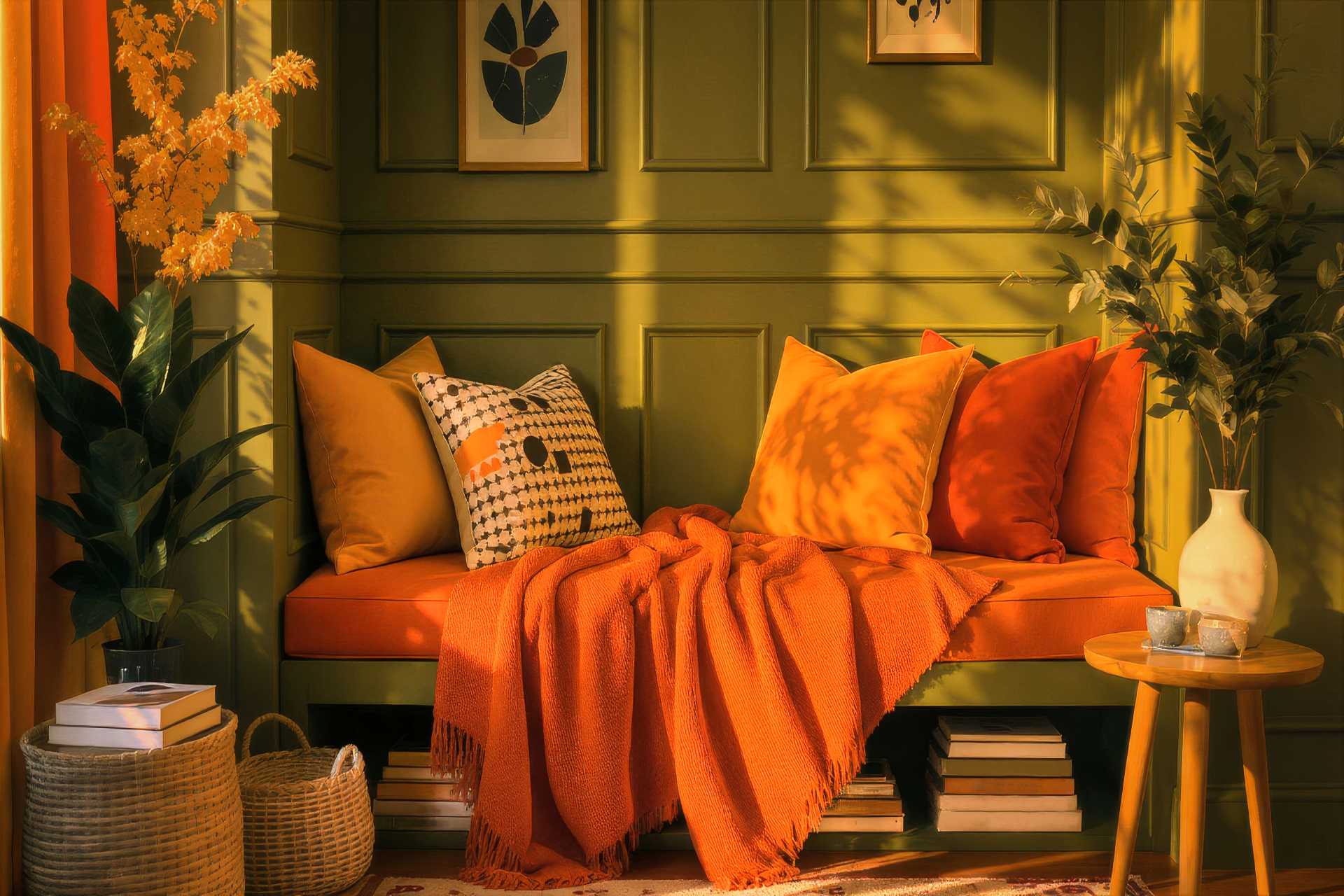 Cozy built-in window seat with orange cushions and warm lighting