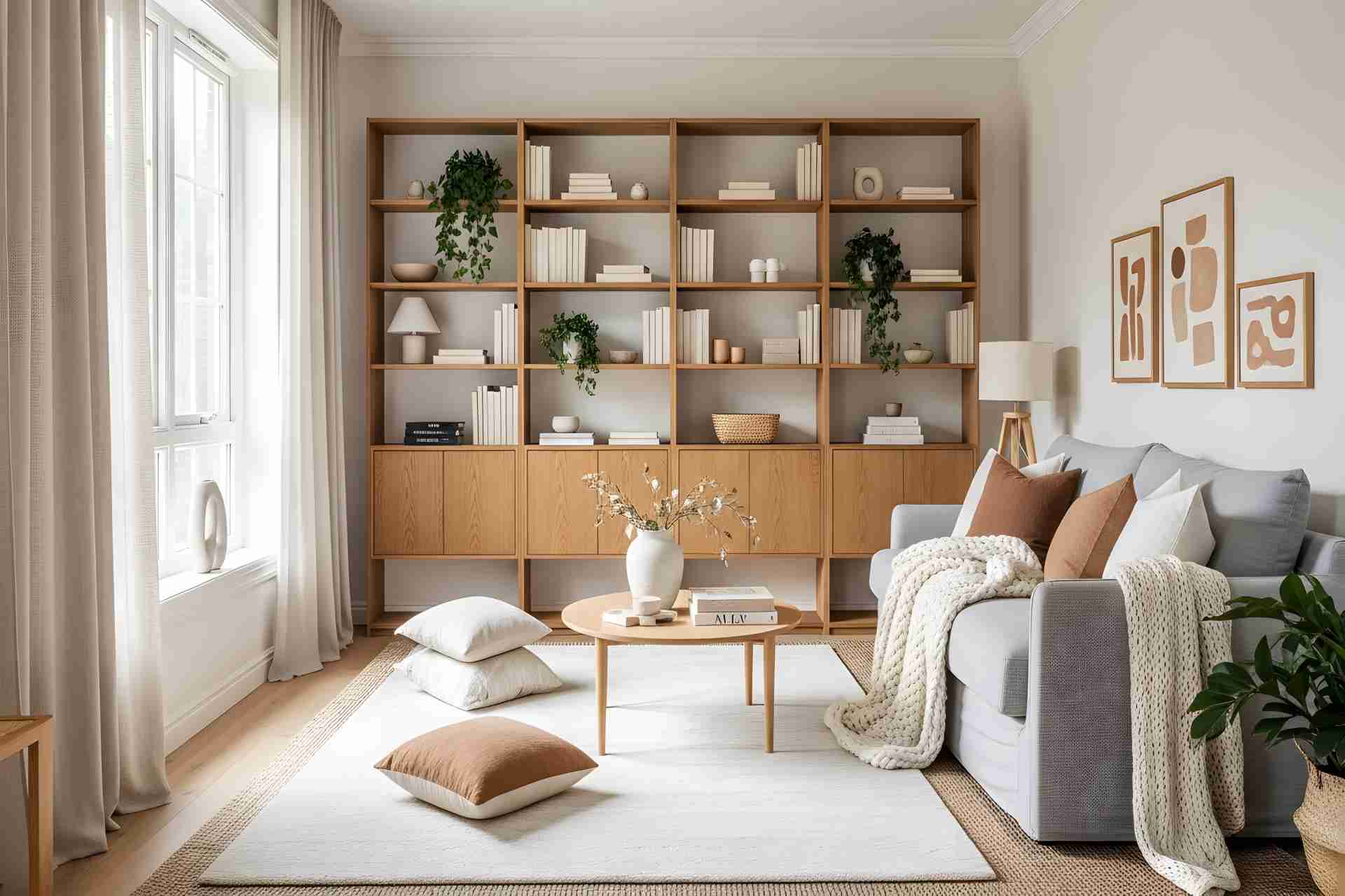 warm minimalist living room with shelving