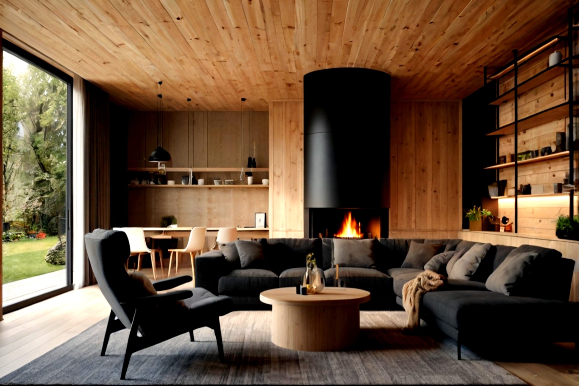 Modern wood-paneled living room with a black fireplace, large windows, and cozy seating area