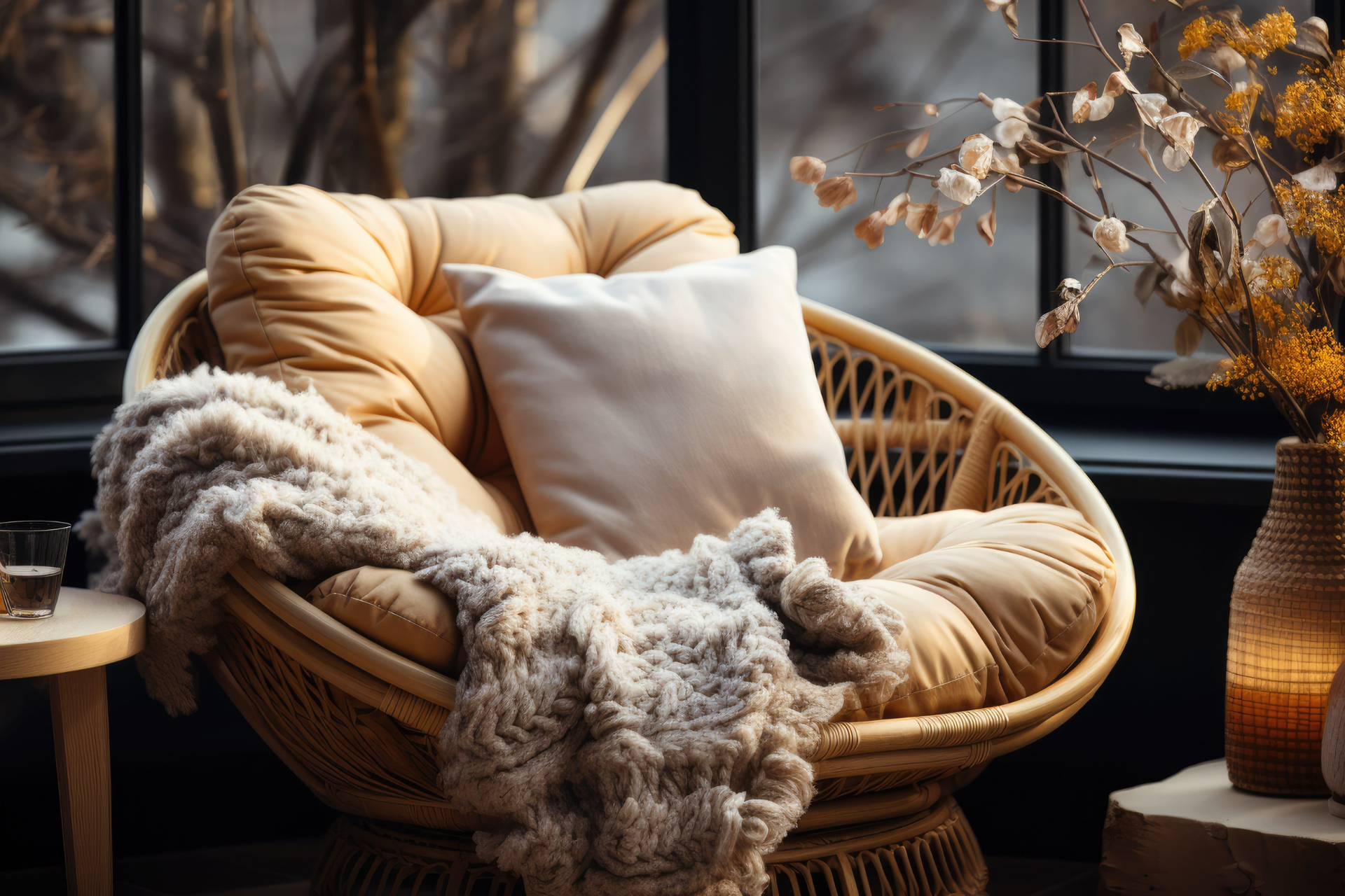 Wicker papasan chair with cozy blanket and pillow.