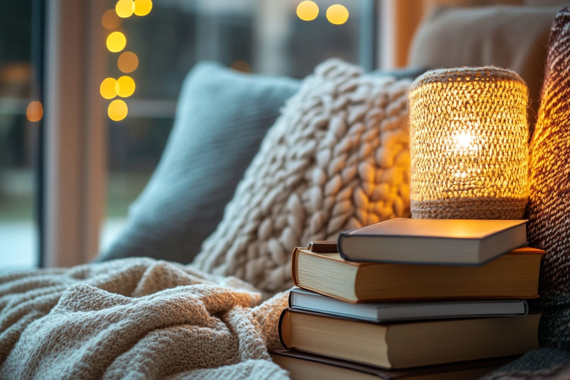 Stacked books beside a warm lamp and blankets.