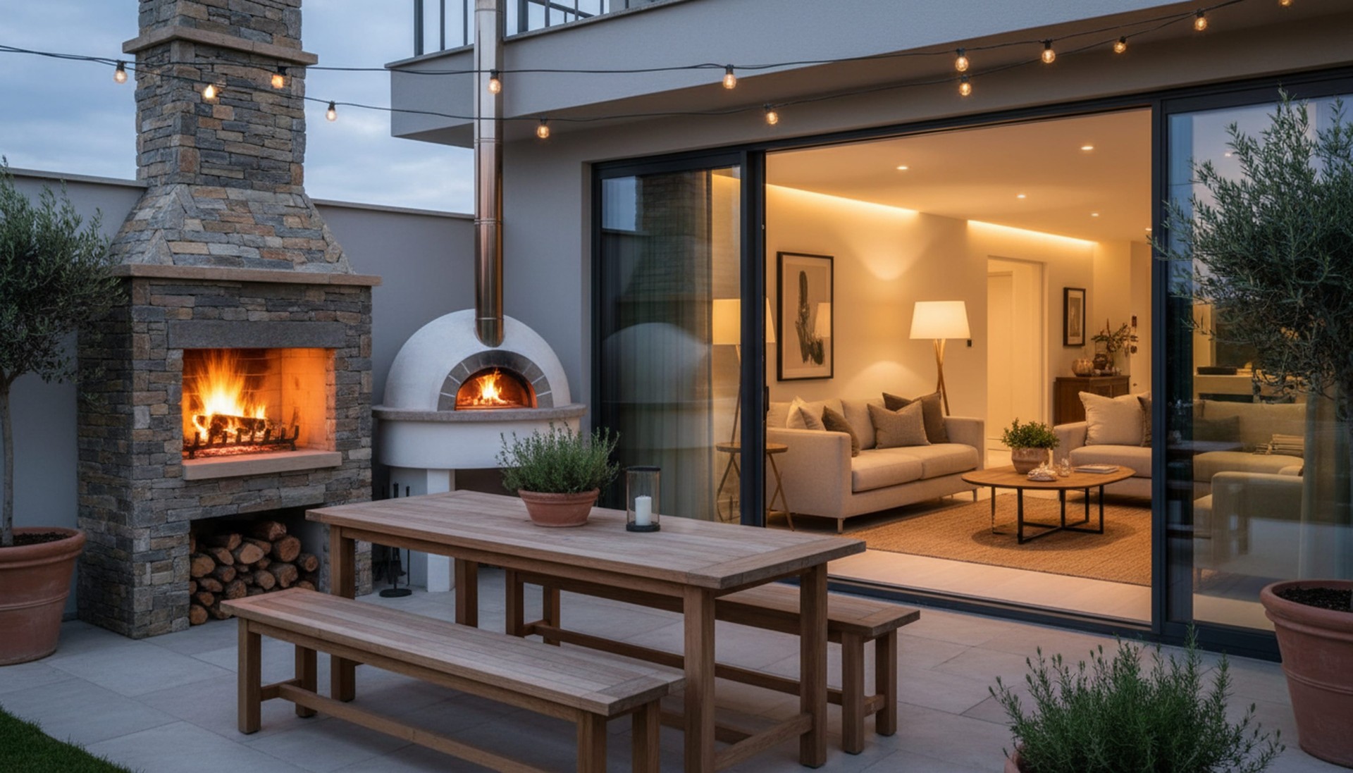 A modern backyard patio with a stone fireplace, wood-fired oven, string lights, and a wooden dining table next to a warmly lit living room.