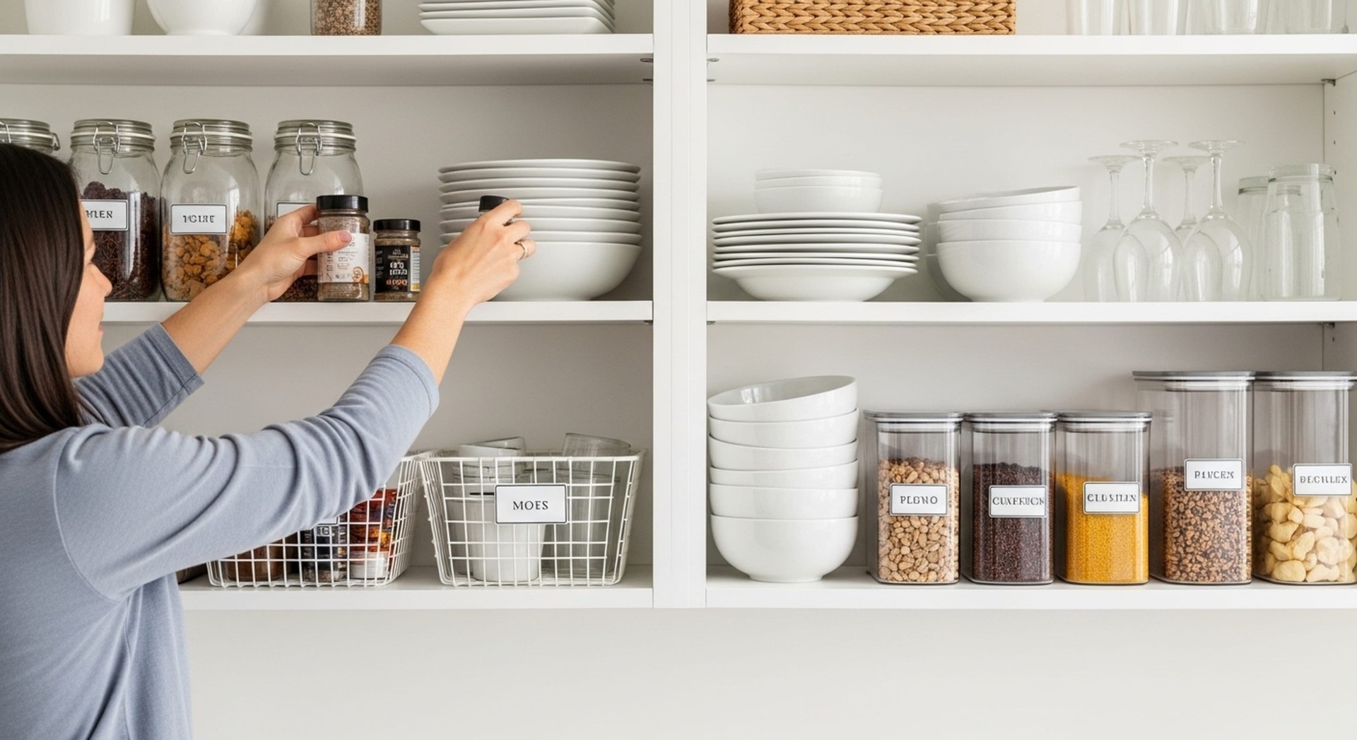 Person placing labeled spice jars on a neatly organized kitchen shelf with dishes and containers