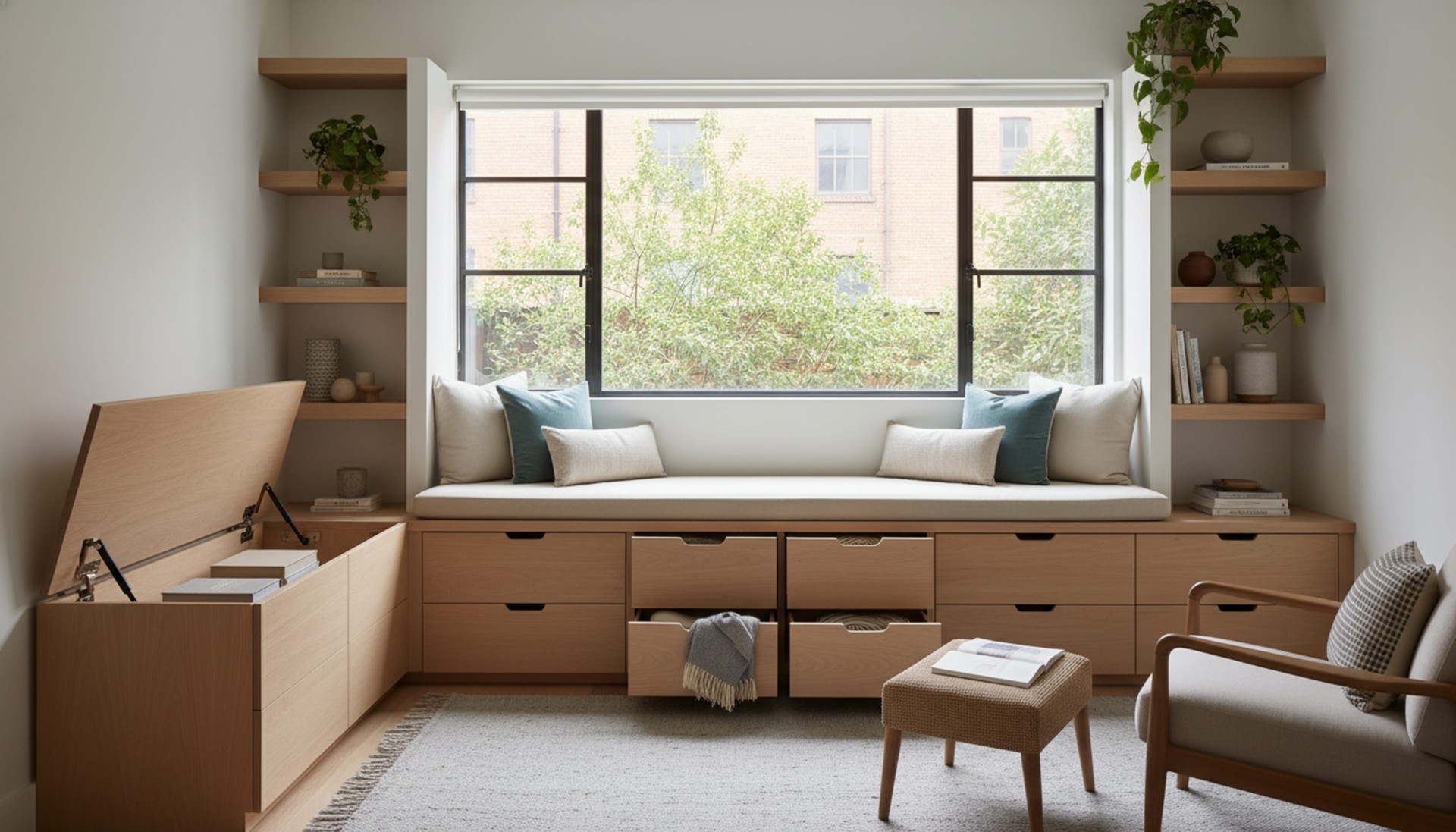 Built-in wooden window seat with storage drawers, open shelving, and neutral decor in a cozy minimalist room
