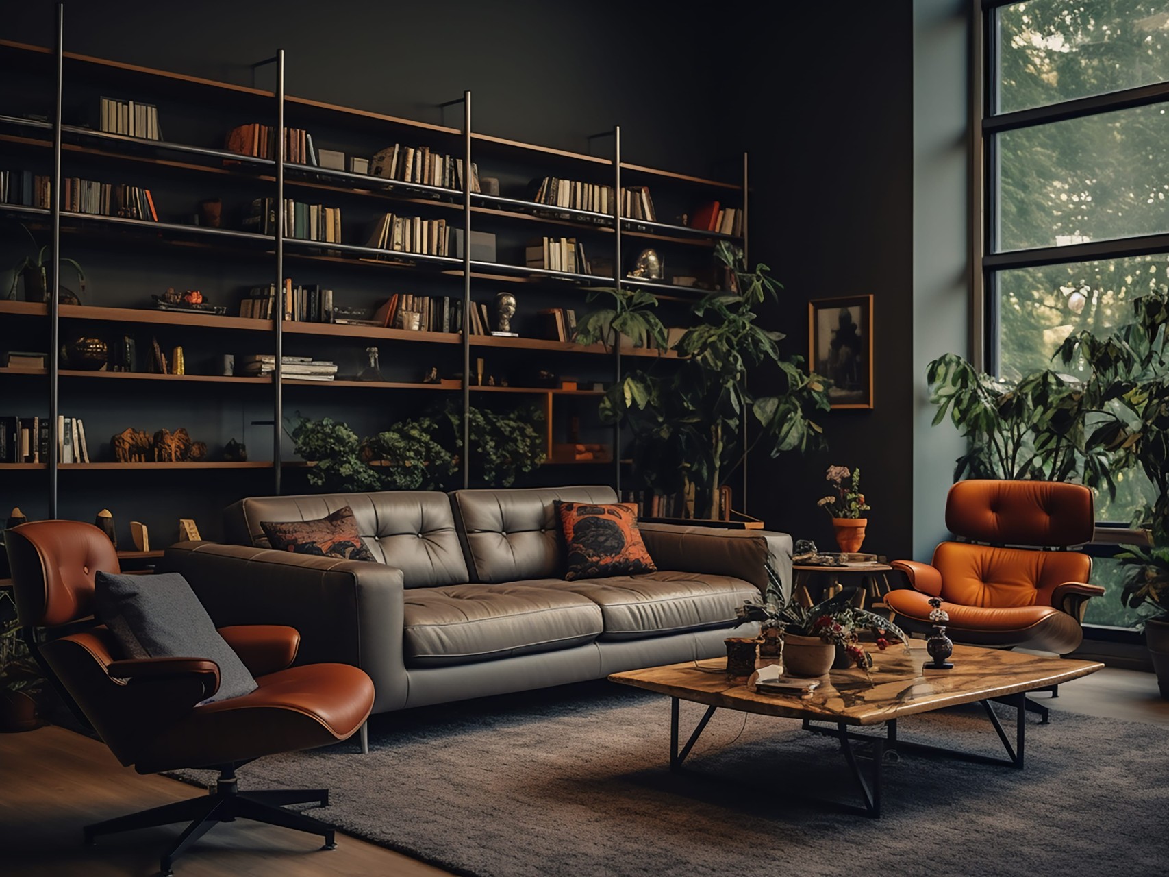 Moody modern living room with leather sofa, large bookshelf wall, and indoor plants by a window
