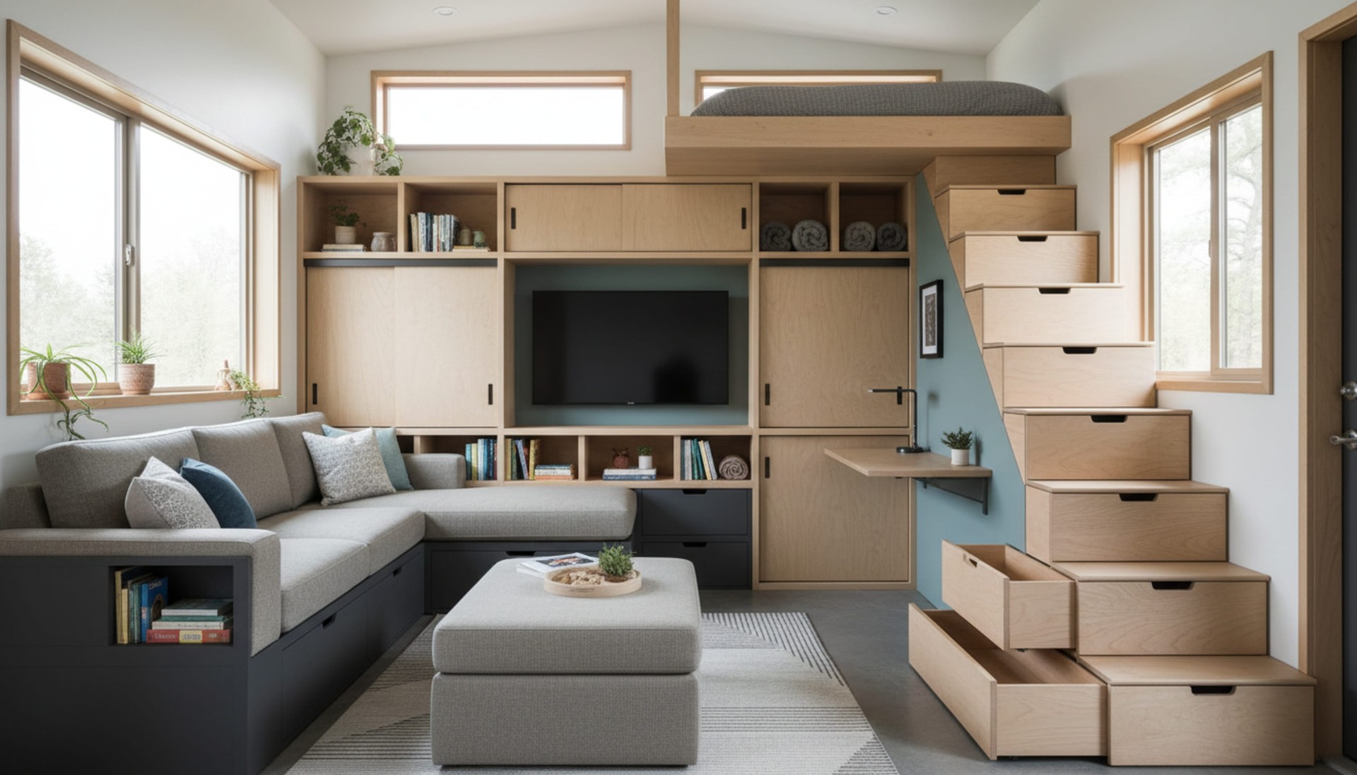 Compact multi-functional living space with sofa bed, storage furniture, and extendable table