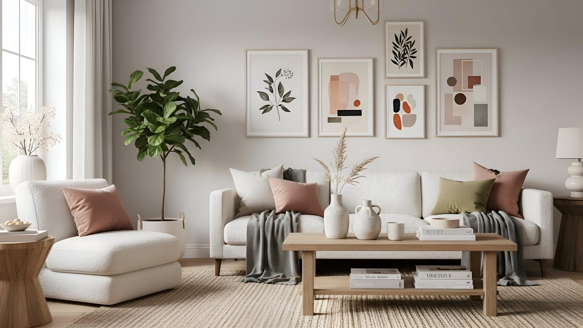 Bright, modern living room with a neutral color palette, featuring a white sofa, wooden coffee table, indoor plant, and minimalist wall art
