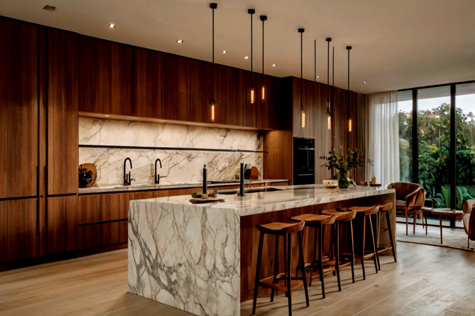 Contemporary kitchen featuring a large marble island, wooden cabinets, pendant lights, and floor-to-ceiling windows with greenery outside