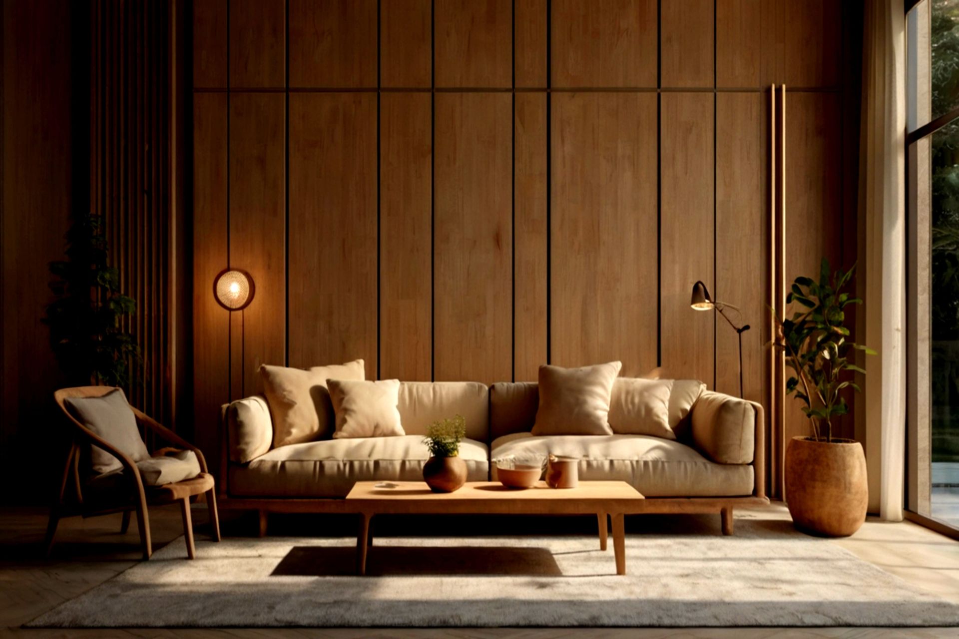 Modern living room with wood paneling and sofa.