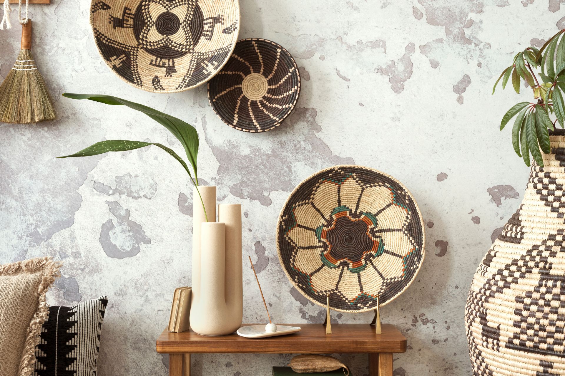Woven baskets complement a minimalist interior with natural textures and warm, understated décor.